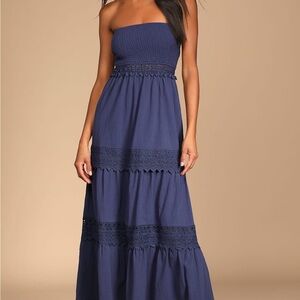 Lulus Blue Smocked Tiered Strapless Sundress